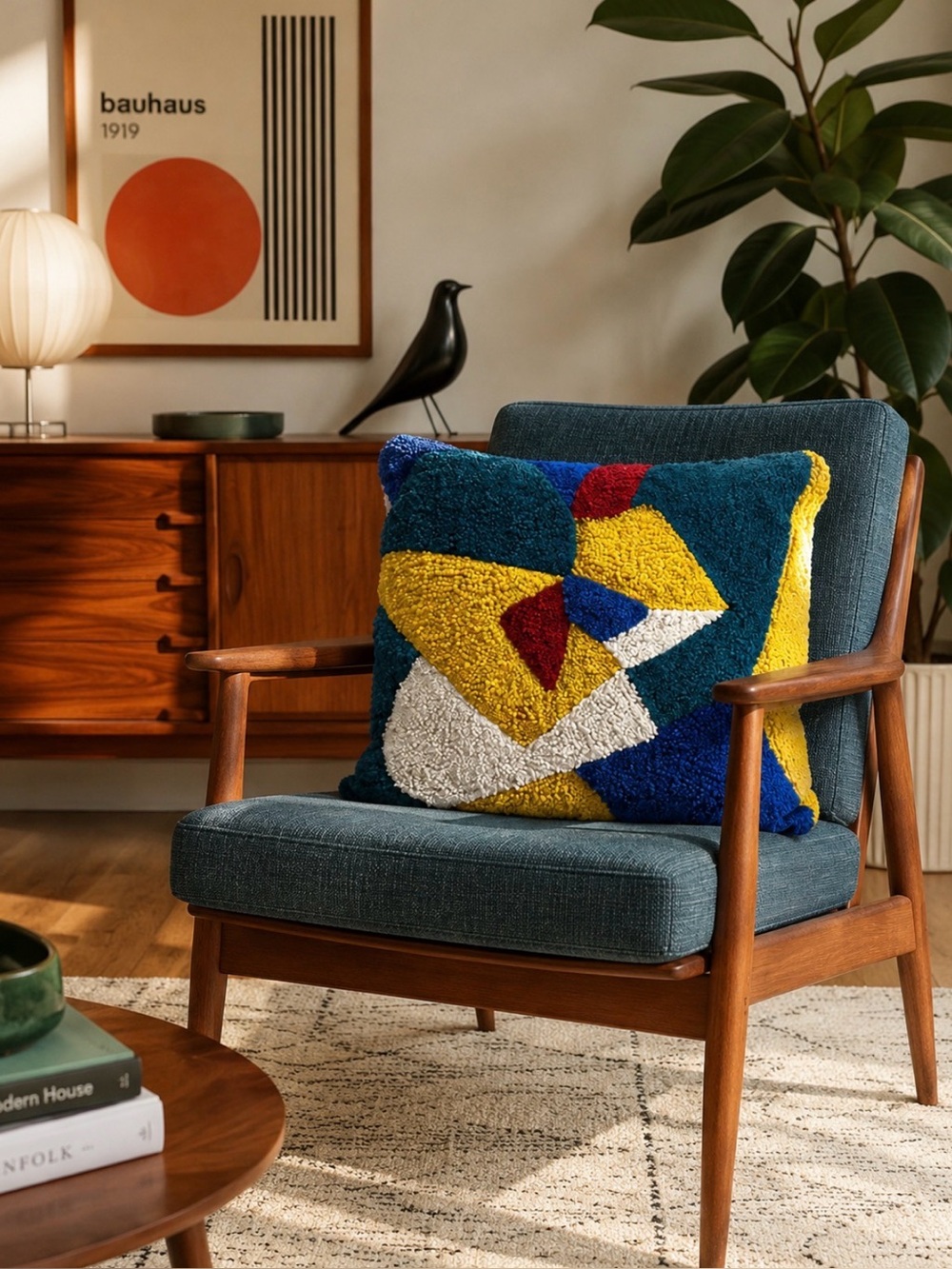Original tufted MCM geometric pillow, 15x16”, made by British artist